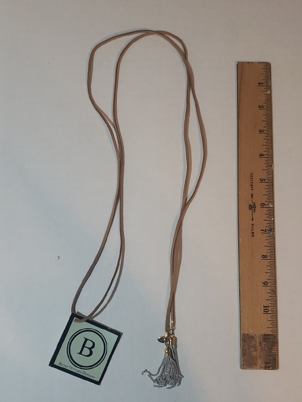 Betsy Pittard Designs BPD Taupe Suede Tassel Lariat Necklace ~48 Inches Long
